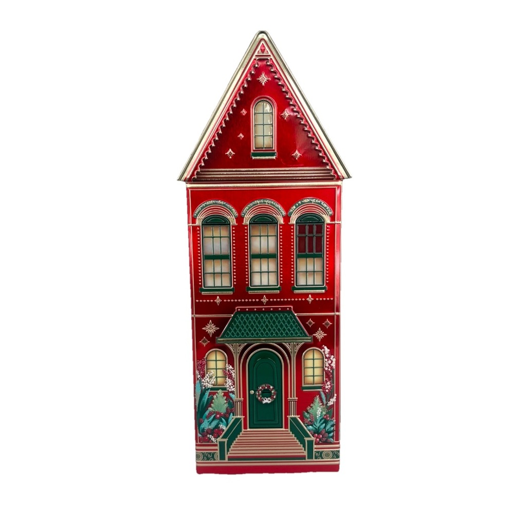 Festive Red Holiday House Tin Filled Small Bulbs & Garland Bundle Lot